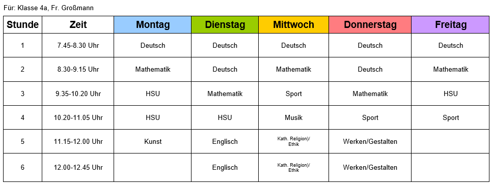 Stundenplan 4a - Schuljahr 2024/25